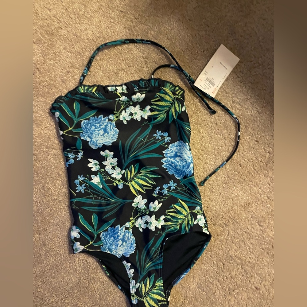 Old Navy Black and Blue One Piece Swimsuit Tropical Design
